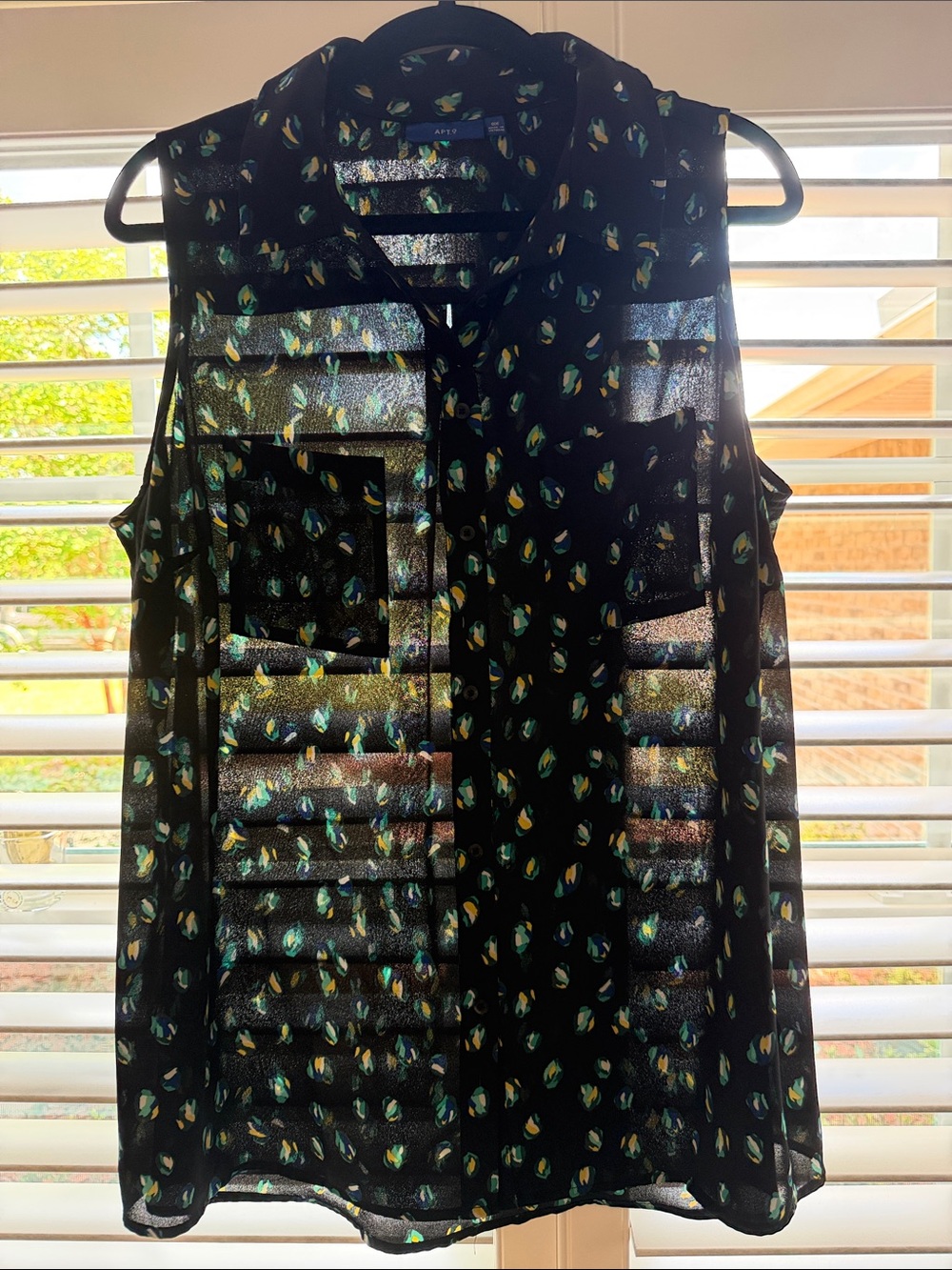 Apt. 9 Black Sheer Blouse with Teal, Blue & Yellow Abstract Spots